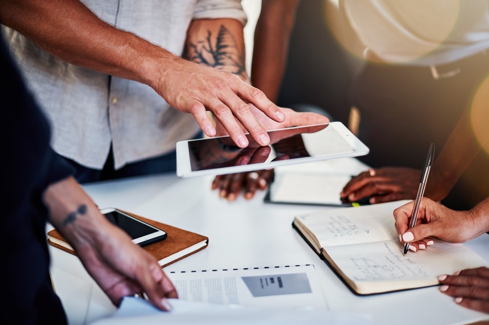 Business,People,,Hands,Or,Tablet,Screen,With,Office,Documents,In